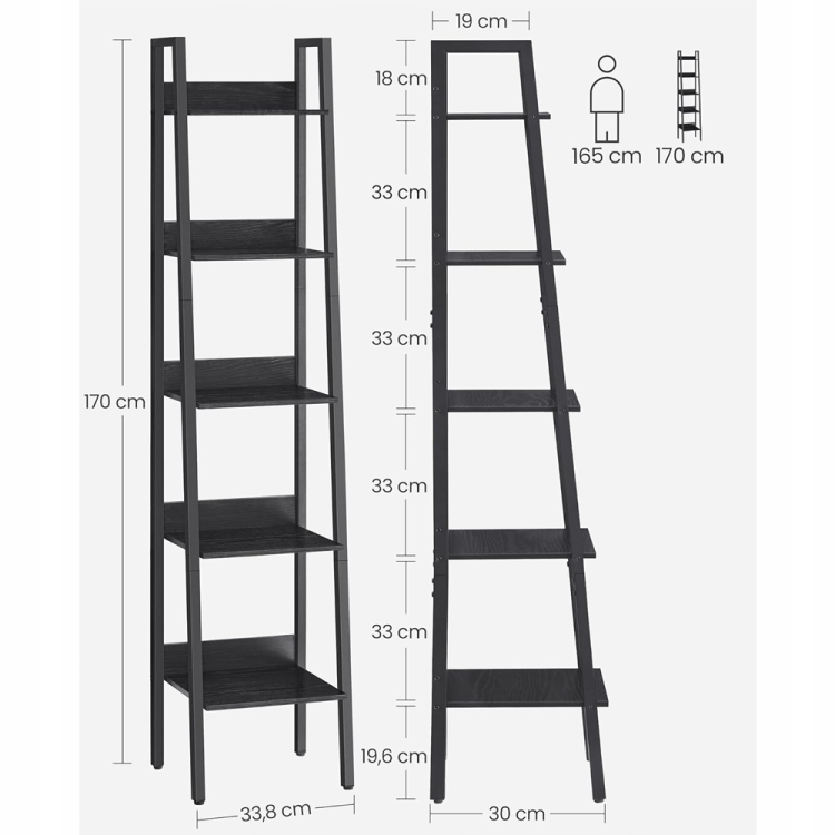 Wąski regał drabinkowy 170 cm czarny. Dzięki kompaktowej szerokości 30 cm, szafka idealnie mieści się w wąskich wnękach, oferując aż 5 poziomów do przechowywania książek lub dekoracji.