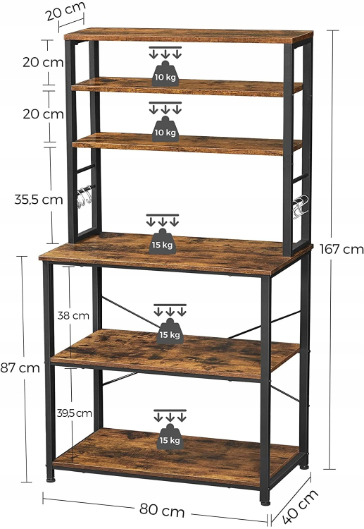 Pojemna wyspa kuchenna 40x80x167 cm. Solidna konstrukcja z metalu i płyty meblowej gwarantuje stabilność, a precyzyjne wymiary pozwalają na łatwe wkomponowanie regału nawet w mniejszą kuchnię lub spiżarnię.