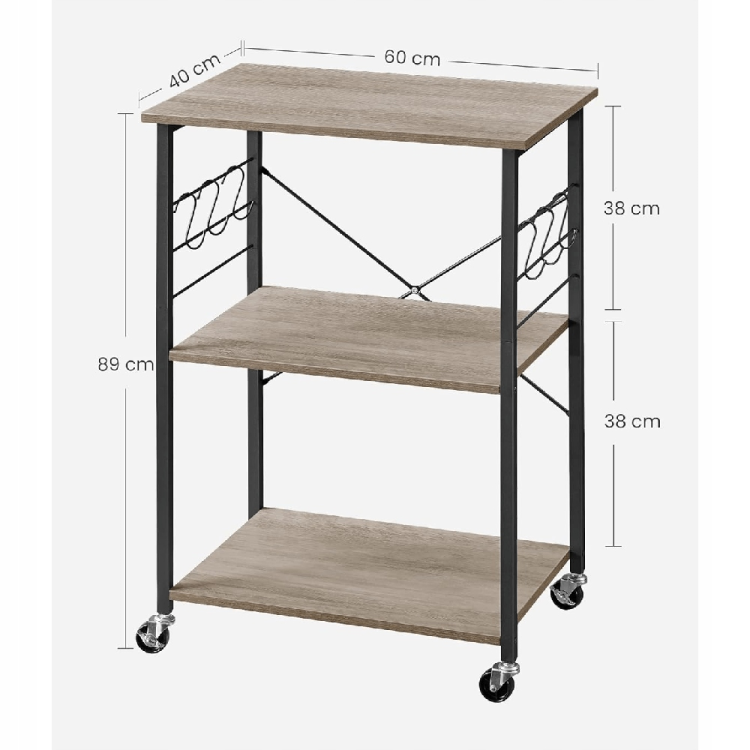 Regał kuchenny 60 x 89 x 40 cm – wymiary. Optymalne proporcje sprawiają, że wózek mieści się nawet w wąskich kuchniach, oferując jednocześnie dużą powierzchnię przechowywania na trzech poziomach.