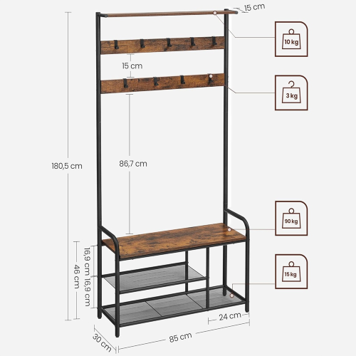 Garderoba 85 x 180,5 x 30 cm – wymiary. Przemyślane proporcje sprawiają, że szafka idealnie mieści się nawet w wąskich przedpokojach, oferując jednocześnie dużą nośność: do 90 kg dla siedziska i 3 kg dla każdego haczyka.