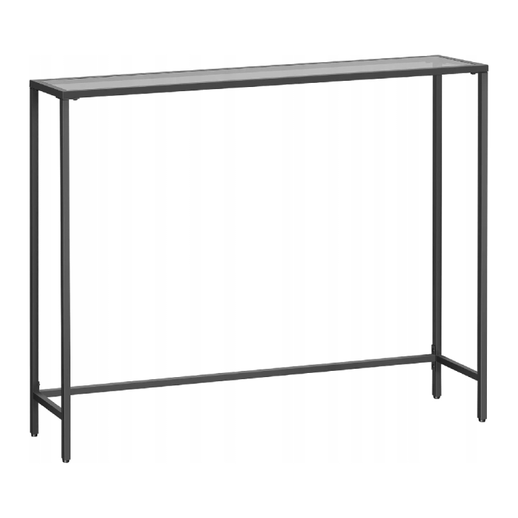 Minimalistyczna konsola szklana czarna. Elegancki stolik pomocniczy o prostej formie, który dzięki szklanemu blatowi nadaje wnętrzu lekkości i nowoczesnego charakteru.