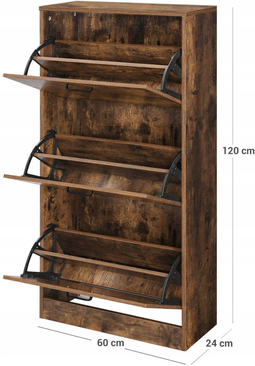 Wąska szafka na buty do przedpokoju 60x120x24 cm. Kompaktowa głębokość 24 cm sprawia, że mebel idealnie wpisuje się w wąskie korytarze, nie ograniczając swobody przejścia.