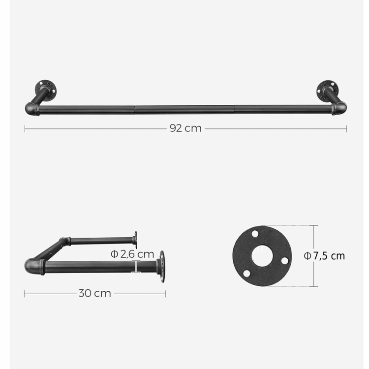 Wieszak ścienny 92 cm szerokości. Optymalne wymiary oraz standardowa średnica rur sprawiają, że drążek pomieści liczne wieszaki, zapewniając stabilność nawet pod dużym obciążeniem odzieży wierzchniej.