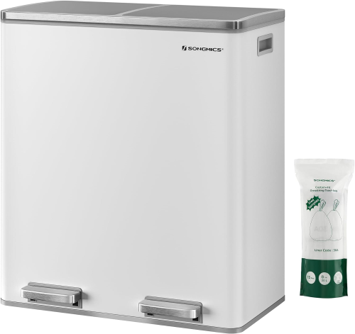 Biały podwójny kosz na śmieci 60L. Elegancki i higieniczny pojemnik do segregacji odpadów, który dzięki minimalistycznemu designowi idealnie pasuje do nowoczesnych kuchni i biur.