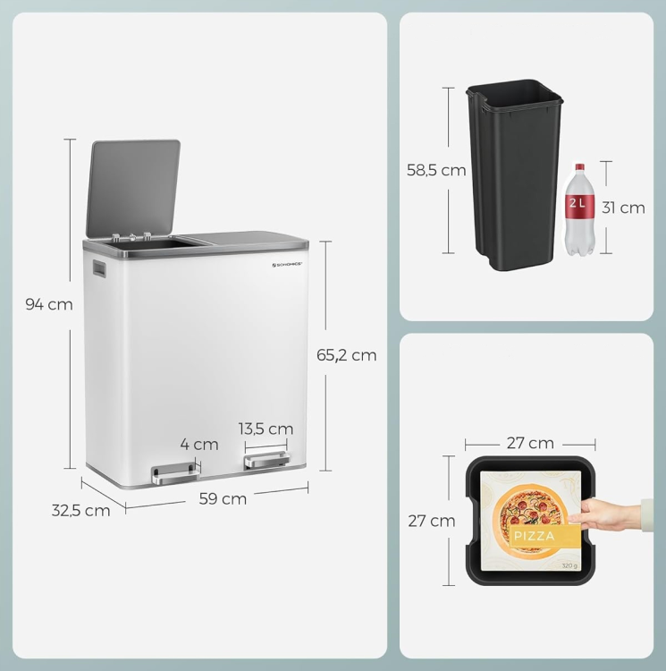 Kosz na śmieci 2x30L z wyjmowanymi pojemnikami. Całkowita pojemność 60 litrów została podzielona na dwa niezależne komory, co ułatwia segregację surowców i szybkie opróżnianie dzięki praktycznym uchwytom.