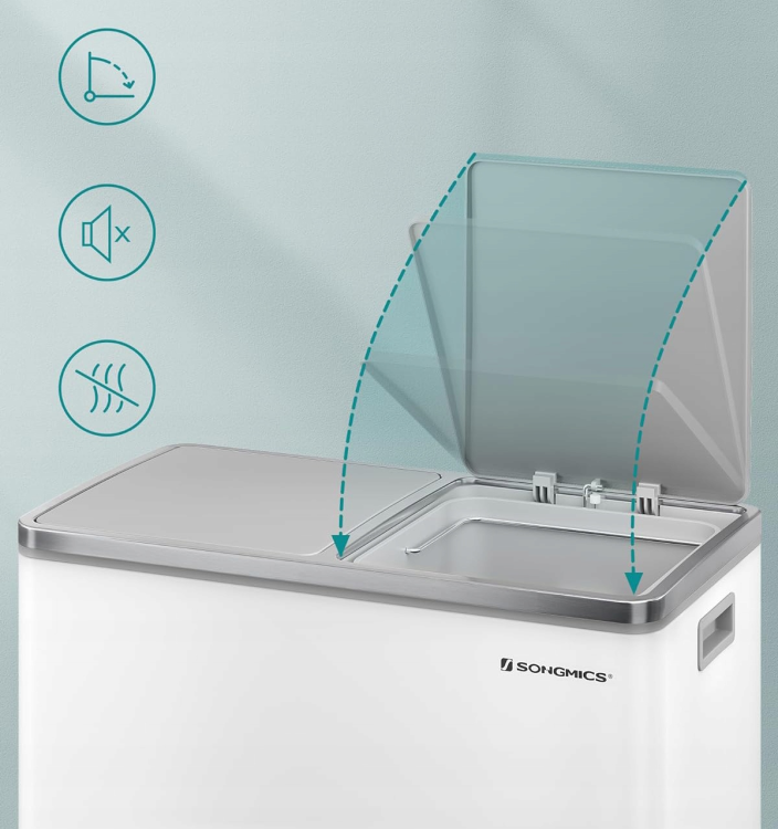 Kosz na odpady z cichym domykaniem. Specjalnie zaprojektowane zawiasy zapewniają płynne i bezgłośne opadanie pokrywy, co zwiększa komfort użytkowania i zapobiega wydostawaniu się nieprzyjemnych zapachów.