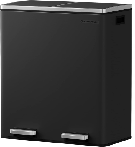 Czarny podwójny kosz na śmieci 60L. Stylowy i praktyczny pojemnik do segregacji, który dzięki matowemu wykończeniu i minimalistycznej bryle doskonale komponuje się z nowoczesnymi wnętrzami kuchennymi.