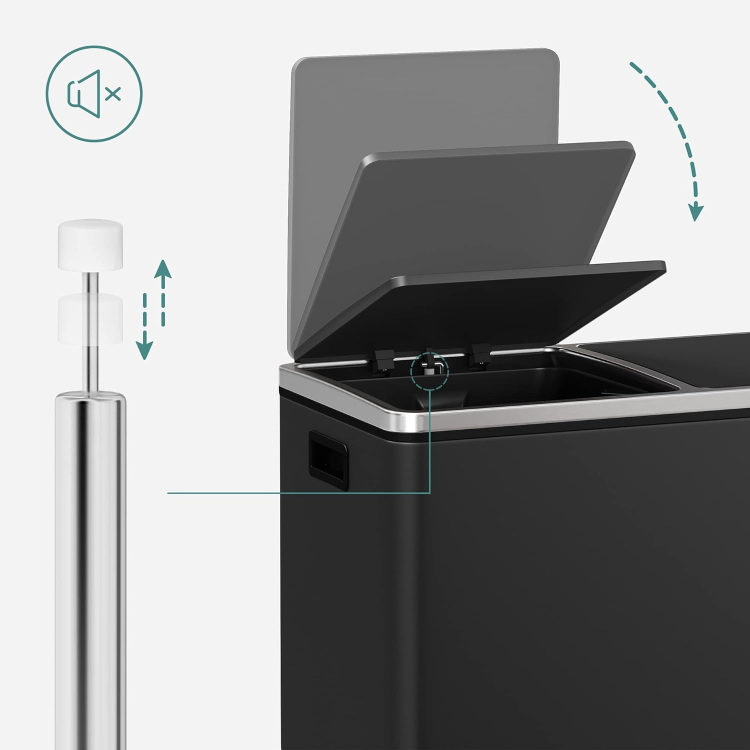 Kosz na odpady z cichym domykaniem. System wolnoopadający gwarantuje bezgłośną pracę pokrywy, a jej szczelna konstrukcja skutecznie zatrzymuje nieprzyjemne zapachy wewnątrz pojemnika.