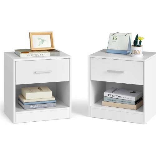 Zestaw 2 stolików nocnych białych. Elegancki komplet szafek do sypialni, który zapewnia symetryczny wygląd wnętrza oraz dodatkową przestrzeń do przechowywania po obu stronach łóżka.