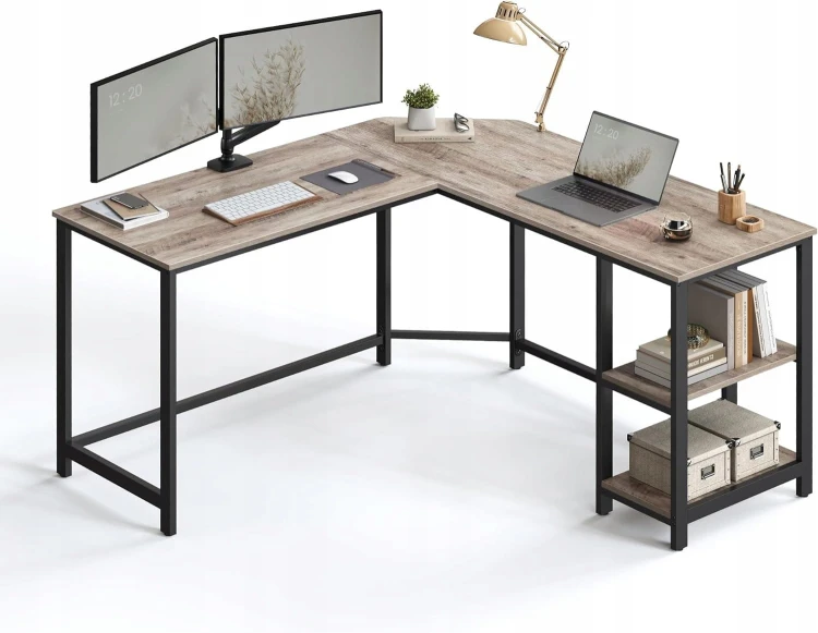 Biurko komputerowe narożne LOFT 138 x 138 x 75 szary brąz dwie półki.