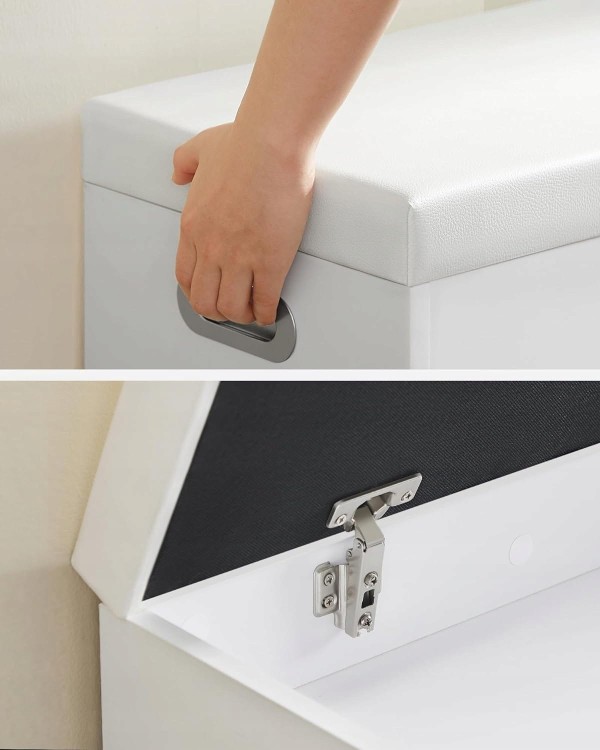 Pikowana szafka z uchwytem i metalowymi zawiasami.