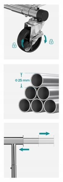 Zbliżenie na obrotowe kółka, metalową rurę o średnicy 0,25 mm i regulowany drążek.