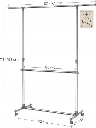 Schemat konstrukcji wieszaka stojącego z regulacją wysokości 101–165 cm – zdjęcie techniczne pokazujące parametry