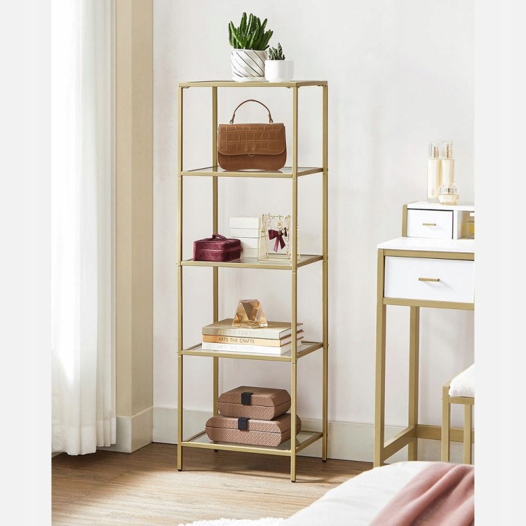 Regał Glamour 40×124,5 ×30 cm – złota rama, szklane półki idealny do salonu