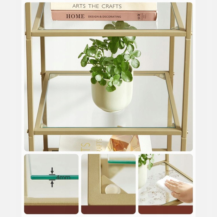 Detal szkła i spawów złotej ramy regału Glamour – wysoka jakość wykończenia