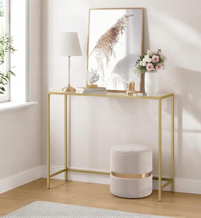 Konsola GLAMOUR – złota rama, szkło hartowane – elegancki mebel do salonu, który łączy funkcjonalność z nowoczesnym designem.