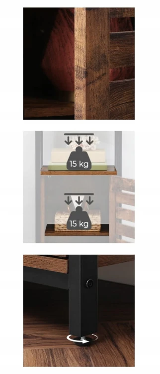 Zbliżenie na brązowe drzwi i regulowane nóżki. Maksymalne obciążenie półki do 15kg.