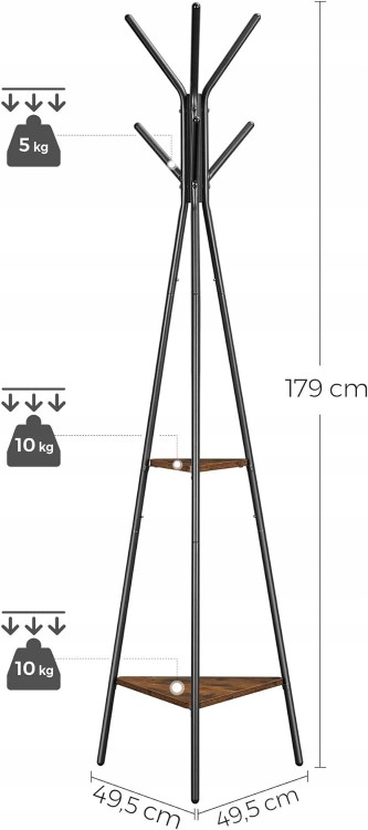 Wieszak stoiący LOFT 49×49×179 cm z metalową ramą i półkami - dokładne wymiary produktu