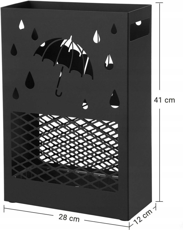 Stojak na parasole 28×12×41 cm czarny metal z ociekaczem i haczykami - dokładne wymiary produktu