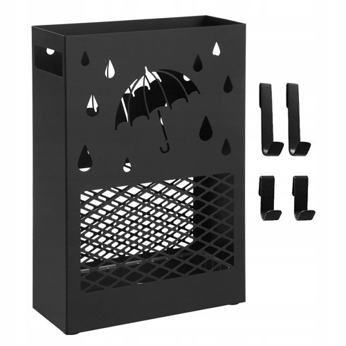Smukły stojak na parasole 28 × 12 × 41 cm w kolorze czarnym, wykonany ze stali, z ociekaczem i 4 haczykami – idealny do holu czy przedpokoju.