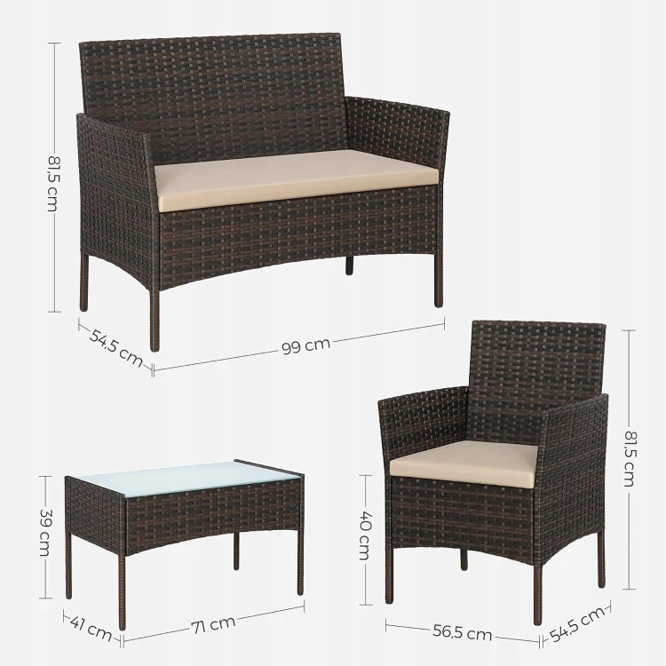 Wymiary dużej kanapy: 99 x 54,5 x 81,5 cm. Wymiary stolika: 71 x 41 x 39 cm.