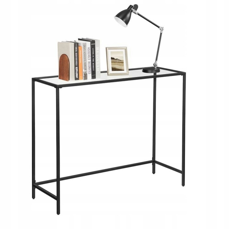 Minimalistyczna konsola pomocnicza z czarną metalową ramą i hartowanym blatem szklanym – nowoczesny design do salonu, przedpokoju lub biura.