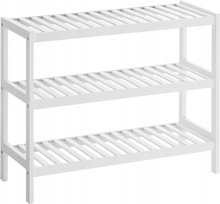 Biała szafka na buty z bambusa SONGMICS – 3‑poziomowy regał 70×55×26 cm.