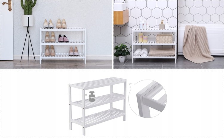 Biała szafka na buty z bambusa o wymiarach 70 × 55 × 26 cm w trzech funkcjonalnych aranżacjach: jako organizer na obuwie w przedpokoju, jako regał na kosmetyki i ręczniki w łazience oraz w wersji technicznej z informacją o nośności do 10 kg na półkę.
