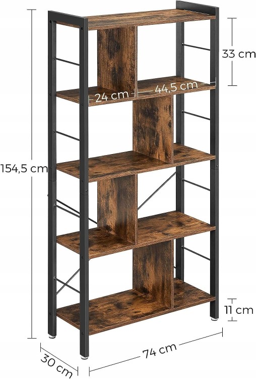 Czarny metalowy regał LOFT z czterema półkami i podanymi wymiarami produktu na zdjęciu.