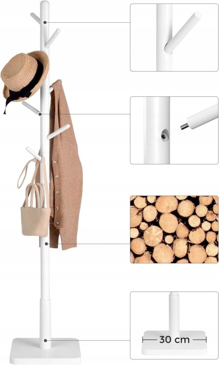 Elegancki, minimalistyczny wieszak wolnostojący w stylu „drzewo”, wykonany z litego drewna (średnica słupka 3,8–4,5 cm), w uniwersalnym białym wykończeniu, łatwy w montażu.