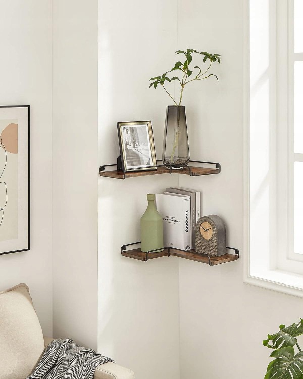 Zestaw dwóch narożnych półek ściennych LOFT (29 × 40 cm) – brązowo‑czarne wykończenie, połączenie płyty wiórowej i metalu w przestrzeni salonowej.