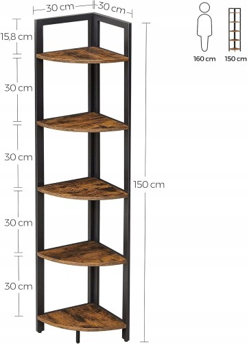 Industrialny regał narożny 5‑poziomowy o wymiarach 30 × 150 × 30 cm – czarny metalowy stelaż i półki w odcieniach rustykalnego brązu.
