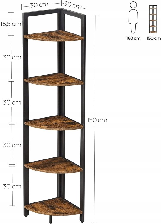 Industrialny regał narożny 5‑poziomowy o wymiarach 30 × 150 × 30 cm – czarny metalowy stelaż i półki w odcieniach rustykalnego brązu.