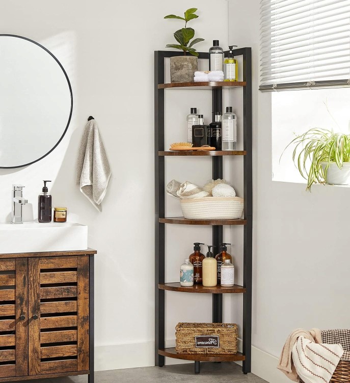 Industrialny regał narożny LOFT do łazienki – 5‑poziomowy stojak o wymiarach 150 cm wysokości, idealny na ręczniki, kosmetyki i środki czystości.