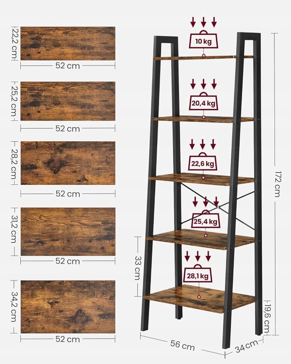 Regał vintage LOFT różni się wymiarami poszczególnych półek jak i ich obciążeniem. Produkt zawiera 5 półek 56×34×172.
