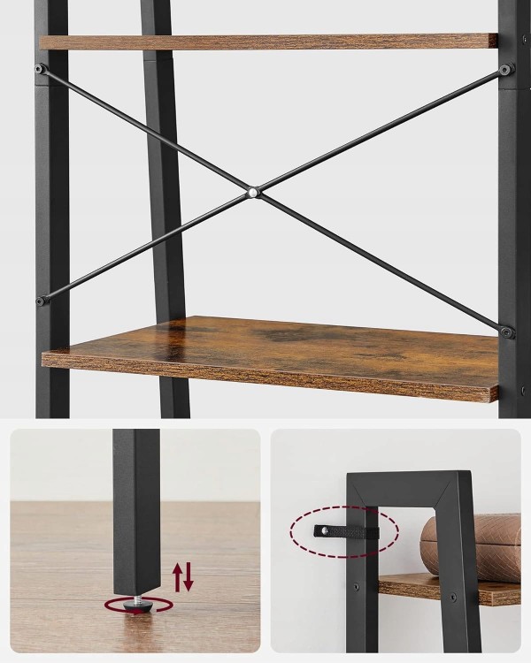 Zbliżenie na metalową konstrukcję zabezpieczającą, regulowane nóżki i zabezpieczenie stabilizujące do ściany.