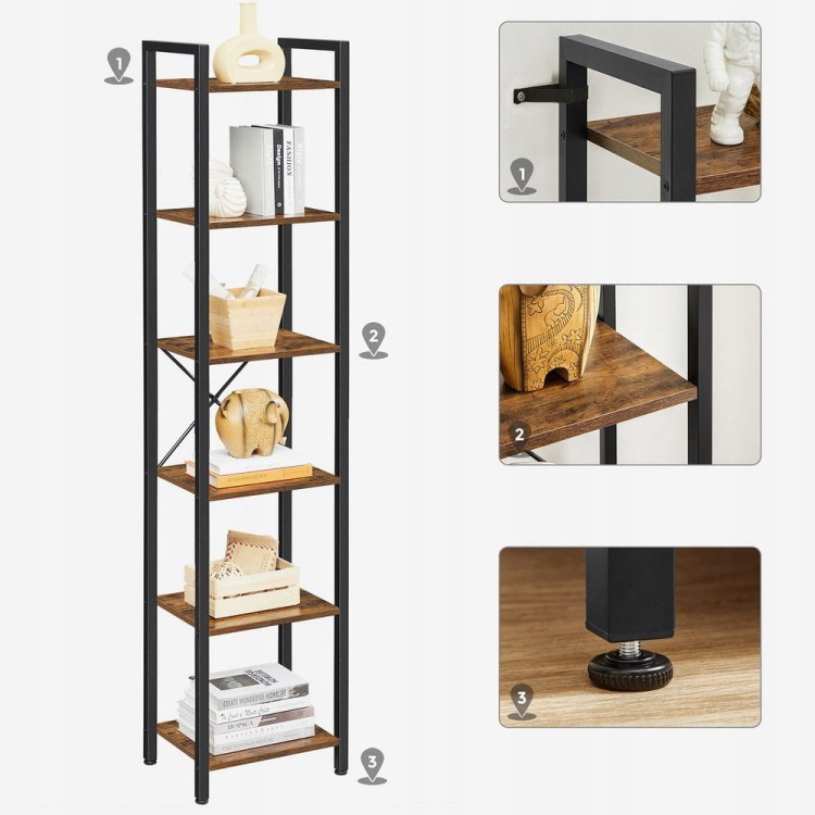 Półki wykonane z płyty wiórowej zapewniają wytrzymałość, regulowane nóżki wyrównują małe nierówności, a ochrona przed przewróceniem zapobiega niebezpieczeństwu przewrócenia się regału stojącego.