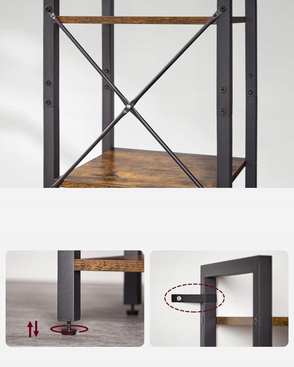 Detal metalowej ramy regału z tylną rozpórką w kształcie litery X, półki z laminowanej płyty o rustykalnym wykończeniu oraz punkt montażu i regulowana nóżka.