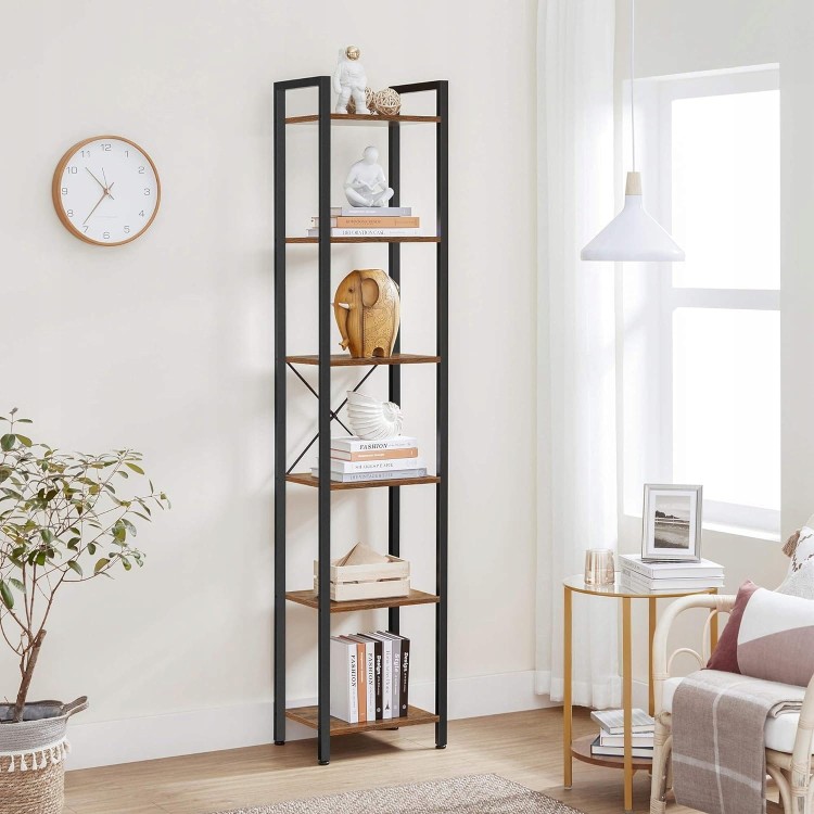 Mieszanka kolorów w stylu vintage brązu i czerni, minimalistyczny design oraz smukły kształt tworzą elegancki regał, który idealnie pasuje do każdego zakątka w salonie, sypialni, kuchni lub gabinecie.