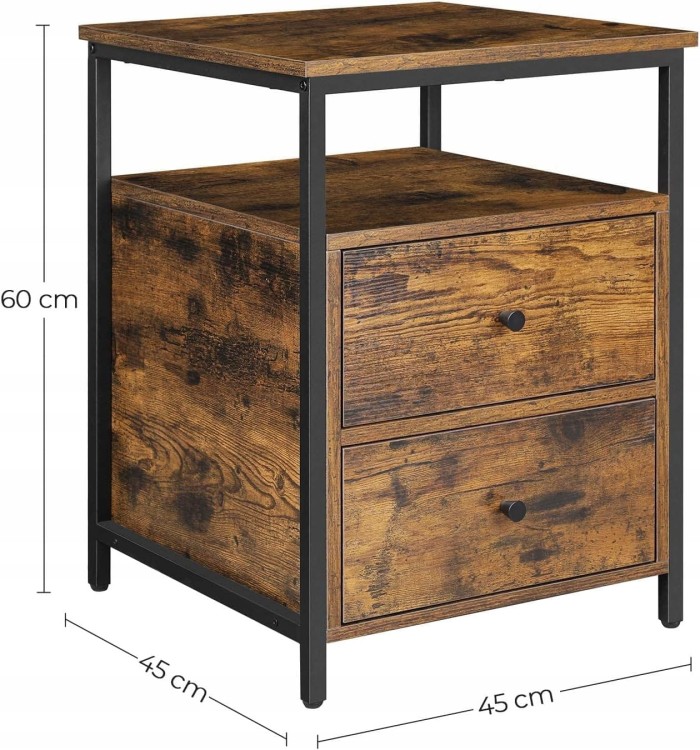 Stolik nocny charakteryzuje się poszczególnymi wymiarami: wysokość: 60,0 cm,  szerokość: 45,0 cm,  długość: 45,0 cm.