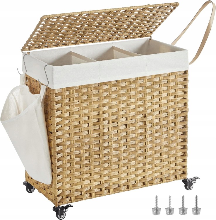 Kosz NA PRANIE pojemnik 3 PRZEGRÓDKI 140L RATTAN naturalny NA KÓŁKACH.