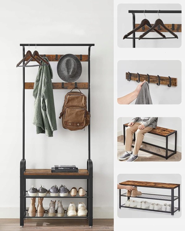 Zbliżenie na metalowy drążek, haczyki do wieszania, siedzisko i półkę na buty.