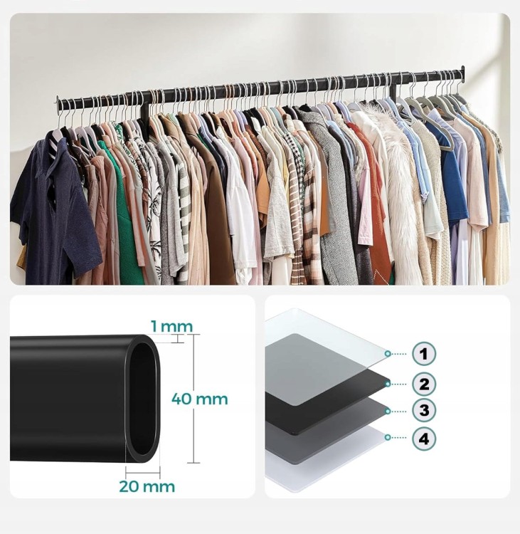 Rury stalowe o grubości ścianki 1 mm i rolki przemysłowe z polipropylenu mają bardzo dużą wytrzymałość – ten wieszak  wytrzymuje obciążenie do 90 kg.