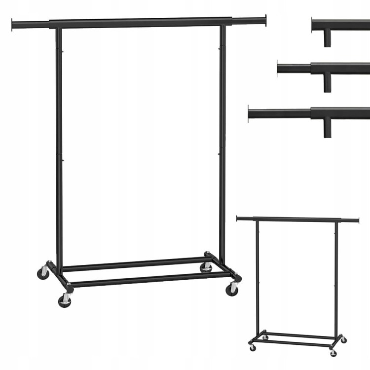 Zbliżenie na mechanizm regulacji drążka (zakres 92–132 cm), metalowa konstrukcja wykończona proszkowo. Wieszak wytrzymuje do 90 kg ładunku.