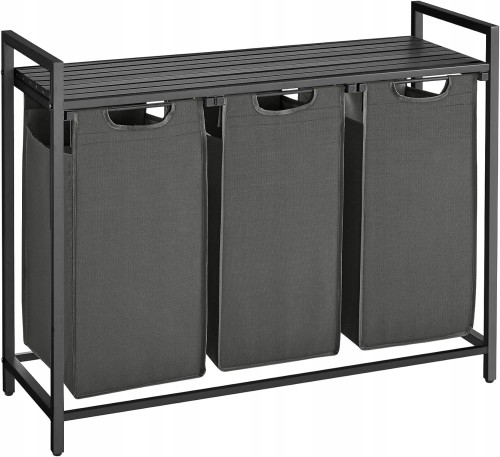 Kosz wolnostojący 3 PRZEGRÓDKI na pranie 3x38L 92,5x33x72 cm CZARNY z półką.