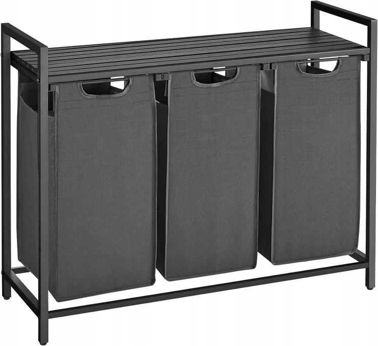 Kosz wolnostojący 3 PRZEGRÓDKI na pranie 3x38L 92,5x33x72 cm CZARNY z półką.