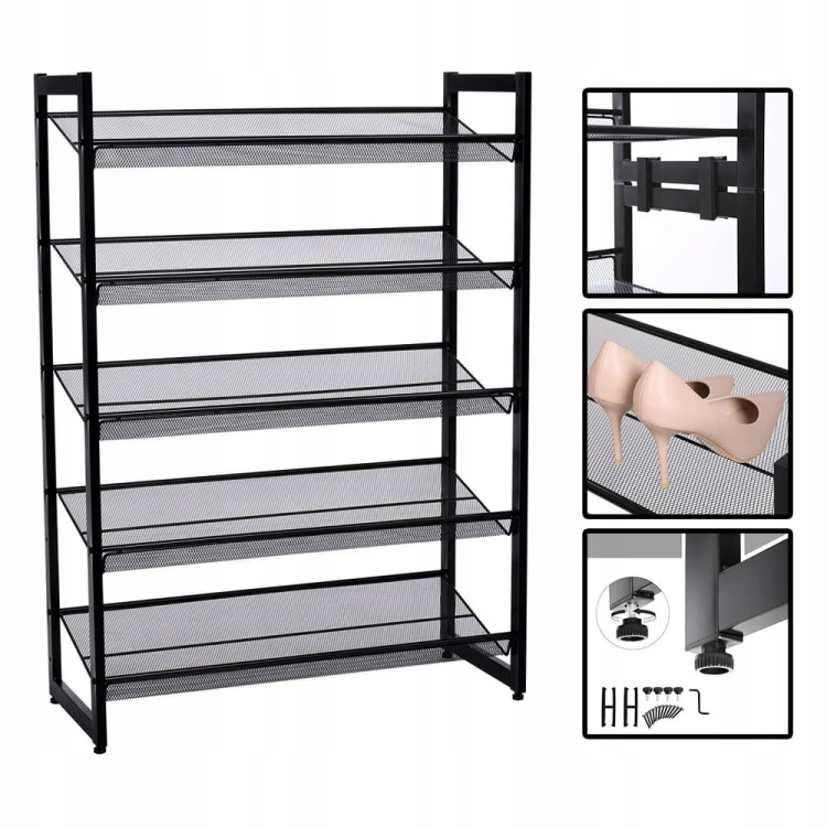 Zbliżenie na metalowe łączenia, półki z  metalowej siatki i regulowane nóżki.