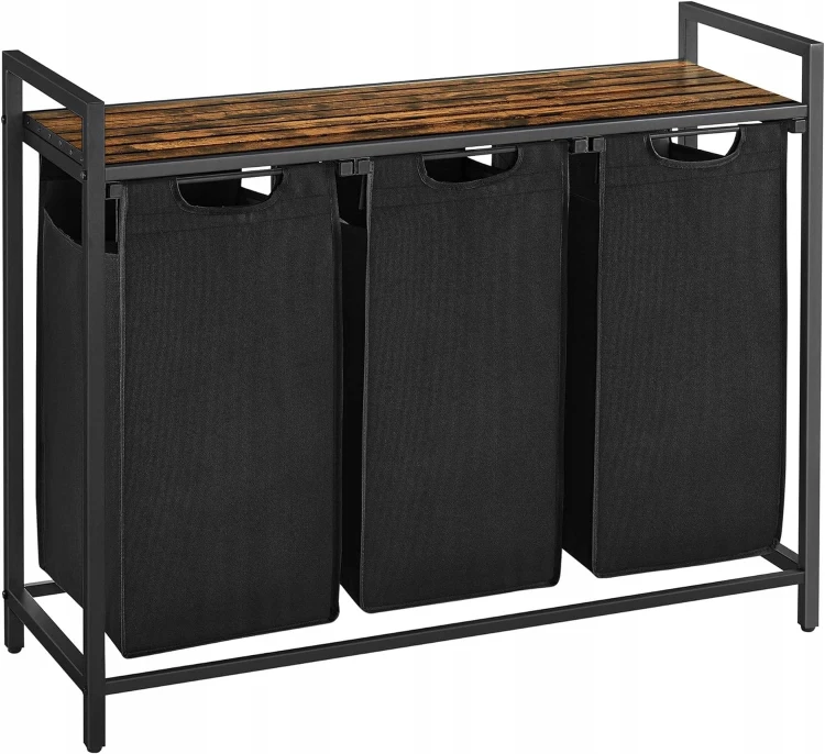 Kosz wolnostojący 3 PRZEGRÓDKI na pranie 3x38L 92,5x33x71 VINTAGE z półką.