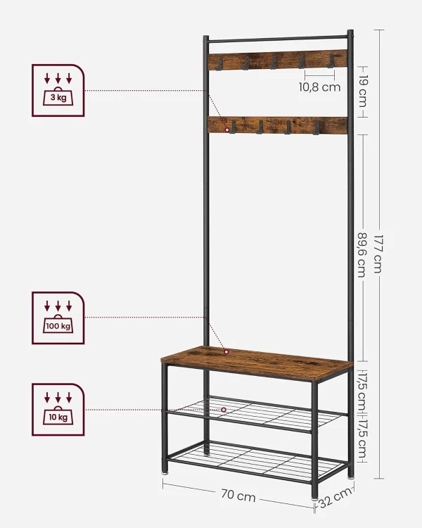 Wymiary: 70 x 32 x 177 cm (szerokość x głębokość x wysokość). Max. obciążenie na hak: 3 kg. Max. obciążenie siedziska: 100 kg.