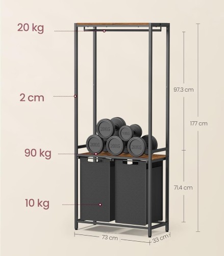 Wymiary: szerokość: 73 cm, głębokość: 33 cm, wysokość: 177 cm. Maksymalne obciążenie blatu: 90 kg.